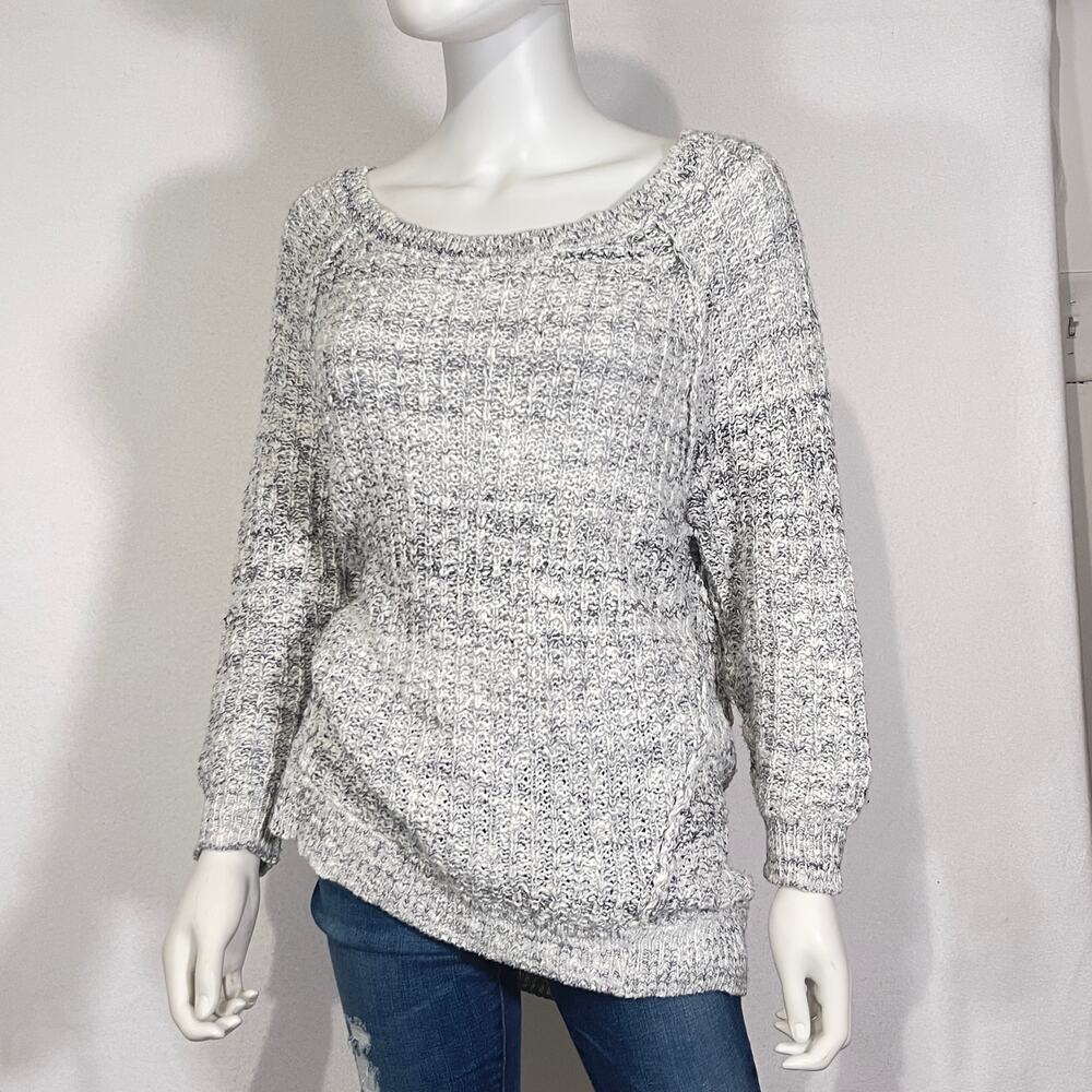 Free People Sweater Womens Medium White Gray Cable Knit Scoop Neck Pullover Top - Picture 9 of 10